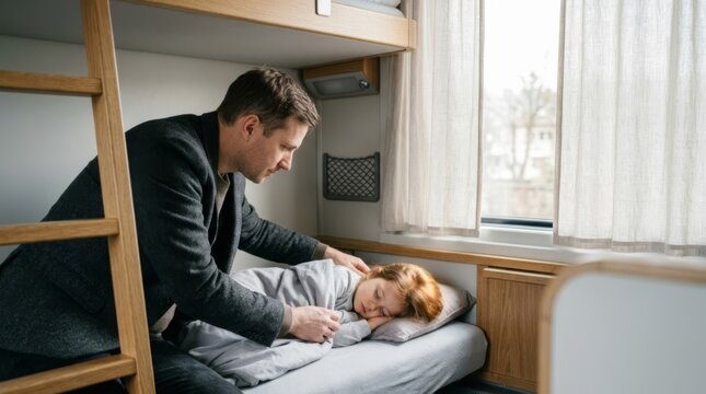 Father gently tucking in his sleeping child on a train bunk bed, creating a peaceful travel moment