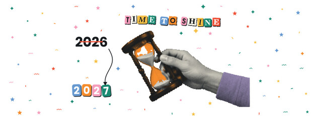 Hand turns an hourglass beside a 2026 to 2027 transition for motivational New Year posters, business greetings and fresh start campaigns © N R B