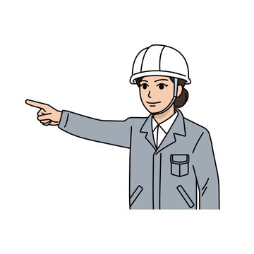 ヘルメットとグレー作業着を着用して前方を指さし方向指示や案内をする女性上司イラスト
