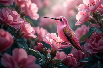 Obraz premium Pink hummingbird perches on delicate flower in garden. Small avian bird with colorful feathers rests among blooming blossoms. Romantic spring nature background features bright flora, soft sunlight.