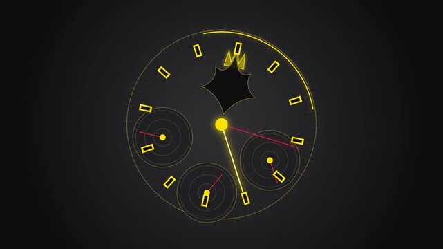 Abstract motion graphics loop of a minimalist clock dial face with hands ticking and rings rotating