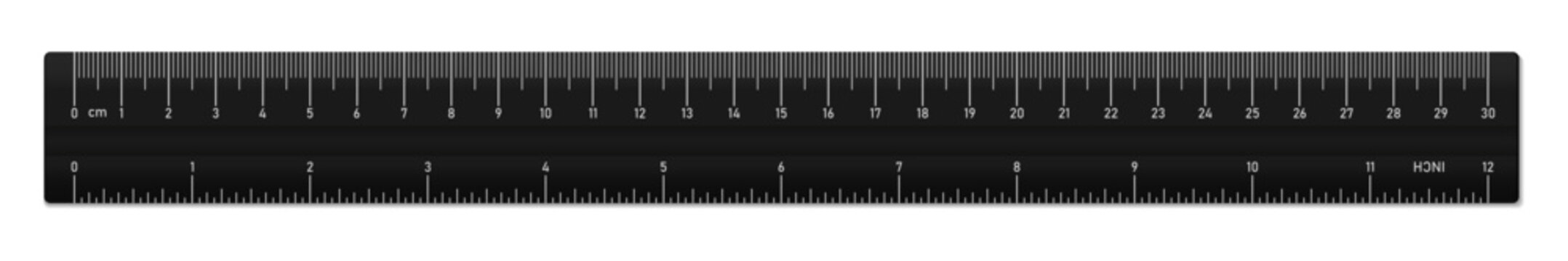 Black realistic horizontal plastic tape ruler isolated on transparent bg. Double sided rulers 30 centimeter and 12 inch scale measurement. Vector png illustration
