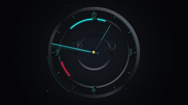 Dark futuristic clock face with glowing hands and digital circular interface elements on screen
