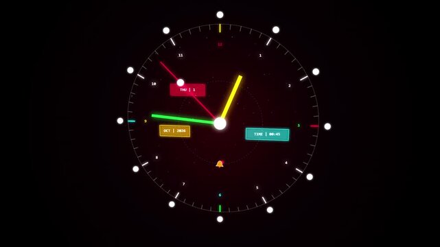 Digital clock face with colorful hands and date displays against dark background motion graphics