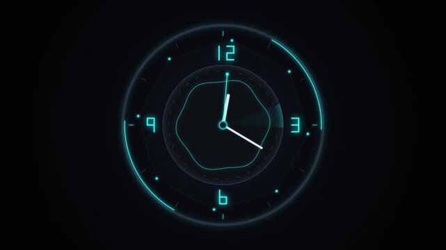 Futuristic digital clock interface with glowing cyan neon elements and rotating hands on black