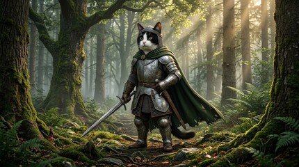 Fototapeta premium Armored Feline with a Green Cloak Beneath Ancient Trees