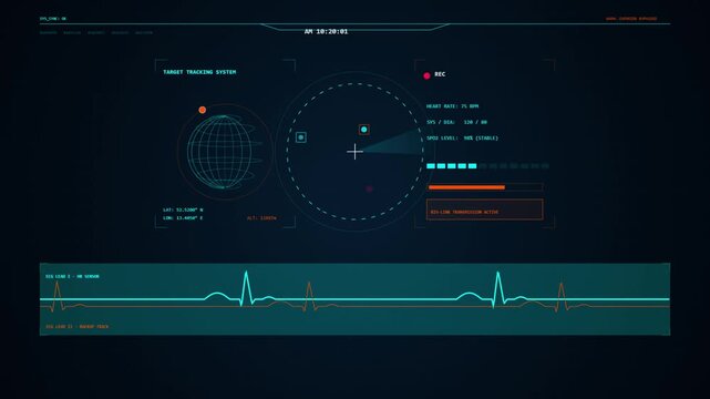 Futuristic digital monitoring interface with radar tracking and an electrocardiogram wave graph