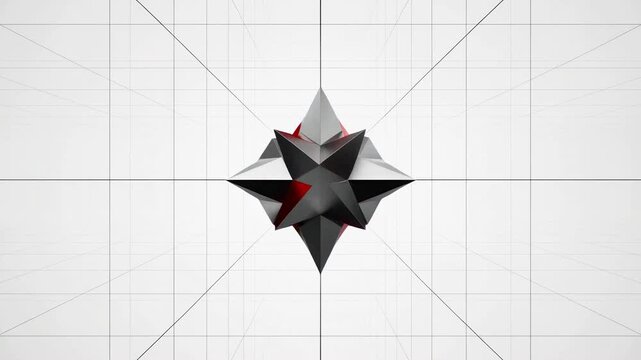 Faceted geometric form expands and morphs from dark triangular panels into complex red, black, and white star and diamond structures centered on a bright perspective grid