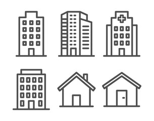 Fototapeta premium Set of Building Icons: A collection of modern and simple line art icons representing various structures. residential building, office building, hospital icon, house symbol, urban architecture.