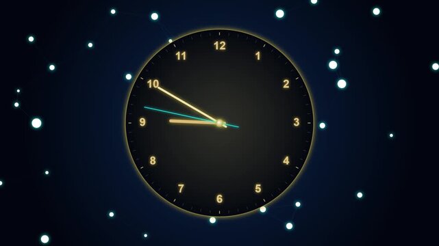Minimalist black wall clock face with golden numbers and glowing abstract network dots background
