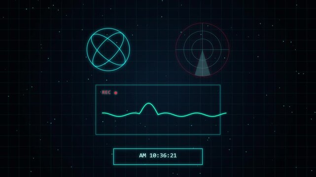 Hud interface with radar and digital globe graphics on a dark tech grid background animation