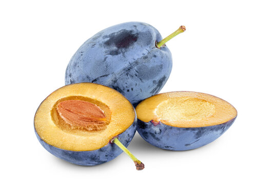 fresh blue plum with half isolated on white background