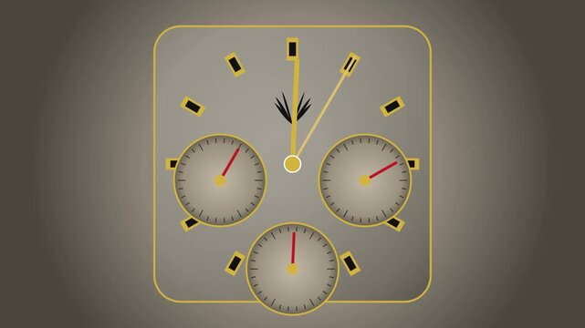 Retro chronograph watch face animation with moving hands and sub-dials ticking on dark background