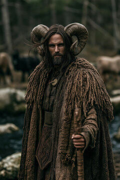 Slavic Pagan God Veles with Ram Horns Holding a Staff in a Mystic Forest
