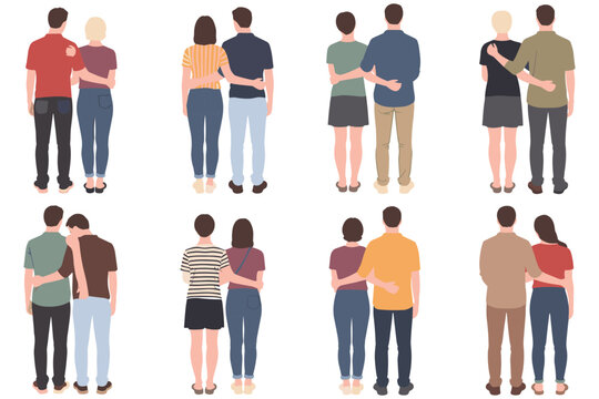 Set of diverse couples standing together with their arms around each other in flat illustration style