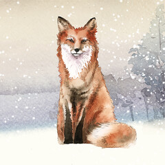 Obraz premium Hand-drawn fox in the snow watercolor style