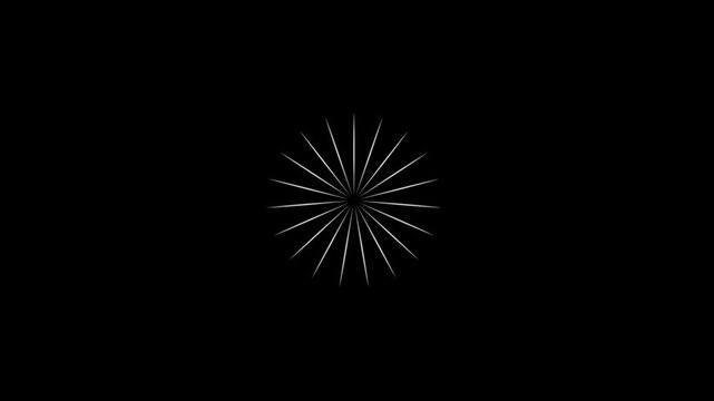 Geometric circle burst and line blast explosion animation, circle burst, vintage line explosion, 4k firework motion, shiny ring highlight, geometric pop-up effect black background.