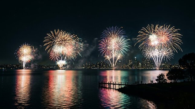 Spectacular fireworks show exploding over dark ocean waters, colorful fireworks light reflections on lake surface, festive night celebration, holiday pyro display
