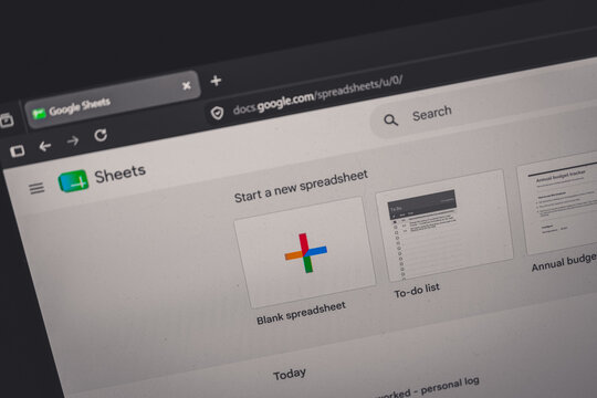 Coublevie, France - August 29, 2026: A close-up shot of the laptop screen displaying Google Sheets in the browser