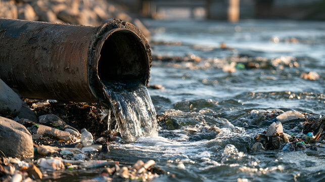 Industrial waste water flowing from a rusty metal pipe into a polluted river filled with plastic trash and garbage. Environmental pollution concept highlighting ecological disaster and industrial dama