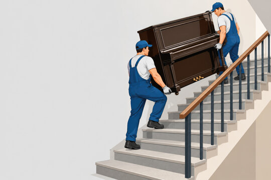 Two movers carry an upright piano up a staircase. Space for text.