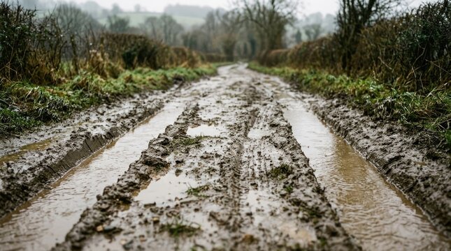 Muddy Rural Road with Deep Tire Tracks and Water Puddles After Rain