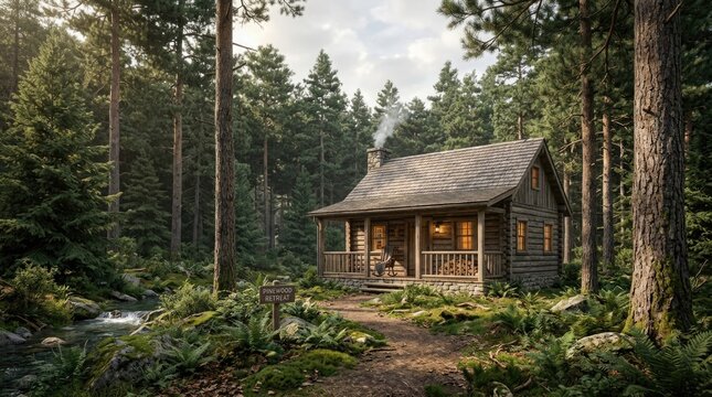 Cozy Rustic Log Cabin Retreat Surrounded by Peaceful Evergreen Forest