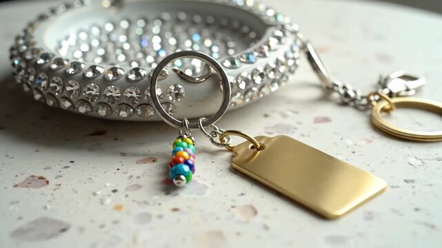 A shiny metallic keychain with colorful small beads lies on a white stone surface beside an ashtray.