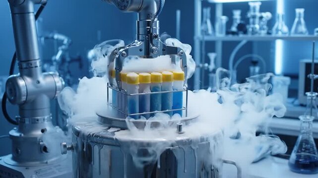 A robotic arm performs cryogenic sample storage tasks in a modern professional clinical research laboratory.