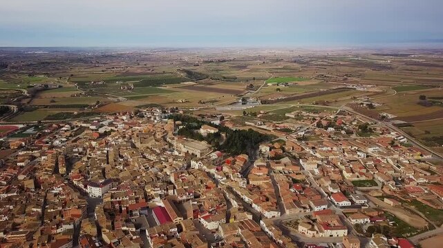 Flying over the town of Arbeca, Les Garrigues, Lleida, Catalonia. Typical Olive Grove Land