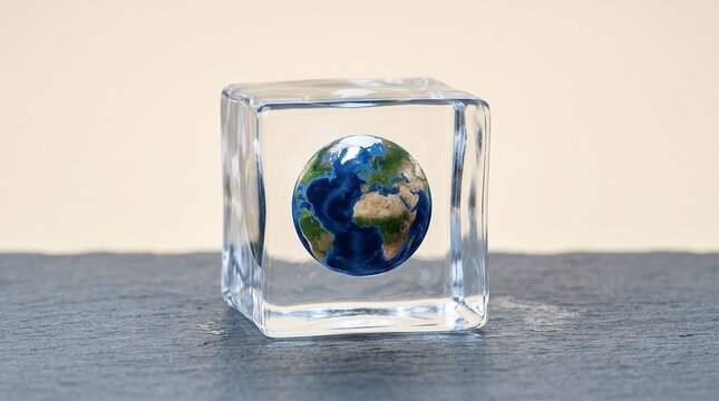 Earth globe frozen inside clear ice cube on slate surface with copy space, global warming and climate protection concept
