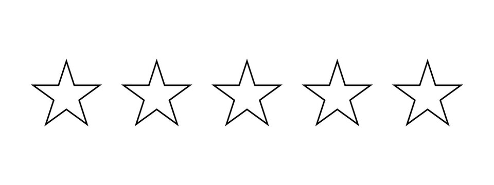 Five simple black outline stars in a horizontal row for rating and review feedback