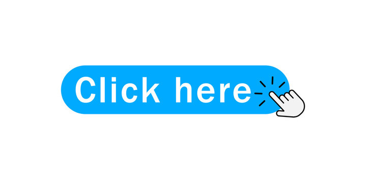 Blue click here button with a computer mouse cursor pointing at it for website and online marketing