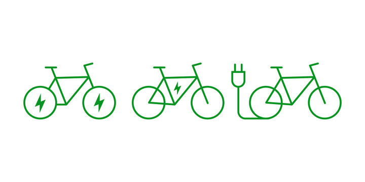 Set of green electric bicycle icons with lightning bolt and plug symbols for eco friendly transport