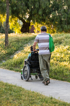 Grandfather pushing child with cerebral palsy in park