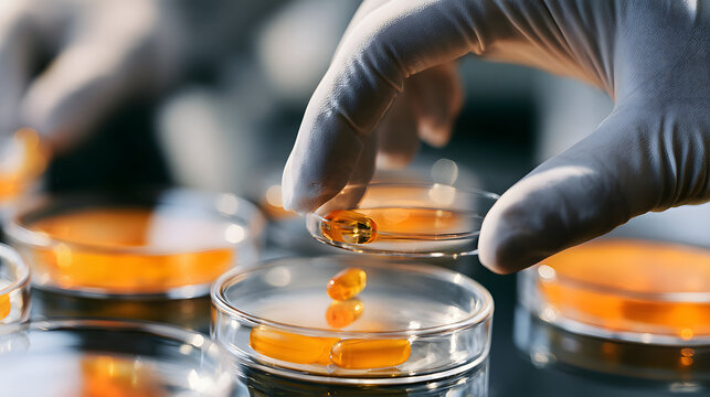 A scientist in a clean laboratory wearing sterile gloves handles transparent petri dishes filled with bright orange capsules, representing pharmaceutical research, medical innovation, and clinical tes