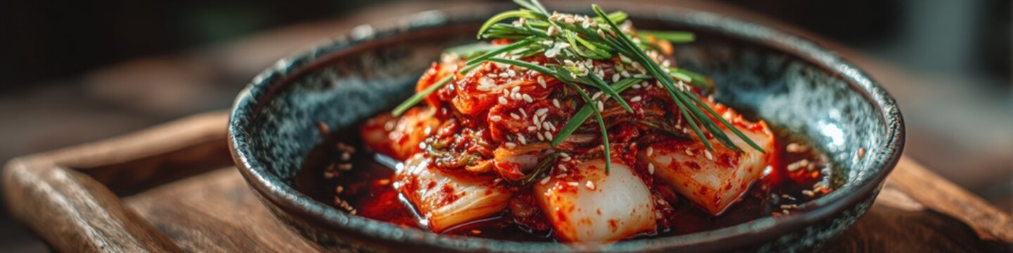 Korean kimchi dish served in a rustic bowl, garnished with green onions and sesame seeds, showcasing vibrant colors and textures, perfect for culinary enthusiasts and food photography