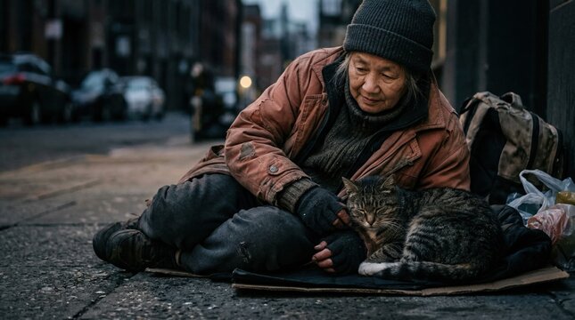 Homeless person sitting on a city sidewalk petting a tabby cat. Senior individual living on the streets with a pet companion