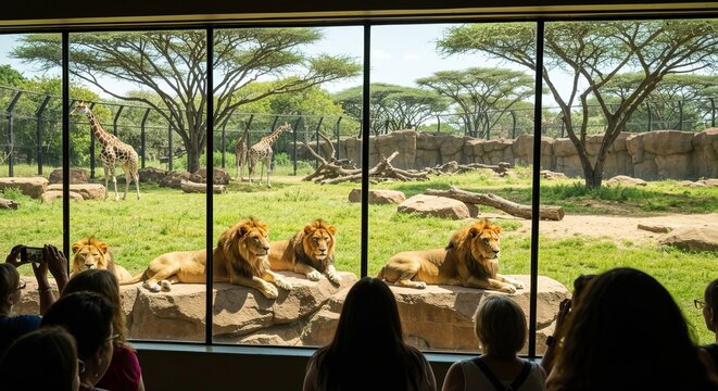 Lions lounging on sunlit rocks in a savanna enclosure, visitors observing from behind glass