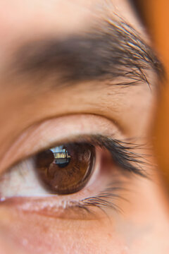 Human brown eye with reflection showing vision and sight
