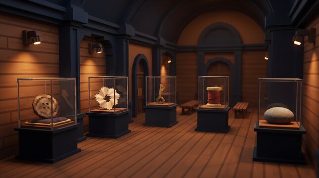 Charming detailed voxel art miniature museum displaying ordinary tiny objects including a lost button, pencil shaving, key fragment, and thread.