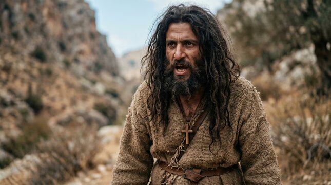 John the Baptist preaching in the desert wilderness. Man with long hair and camel hair clothing shouting. Biblical figure in rocky canyon landscape