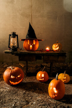 spooky Halloween background with jack'o'lanterns in the night

