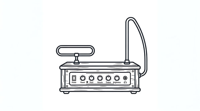 A line art illustration of an electronic musical instrument with antennas
