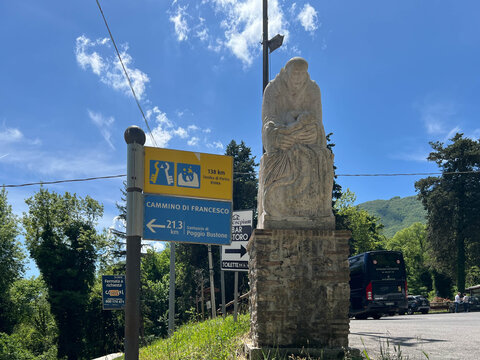 Greccio, Italy, April 27, 2026: A landmark on the *Cammino di Francesco* (St. Francis' Way) pilgrimage route, located near the parking area of ​​the Greccio sanctuary