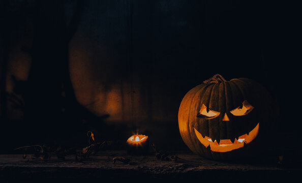 spooky Halloween background with jack'o'lanterns in the night

