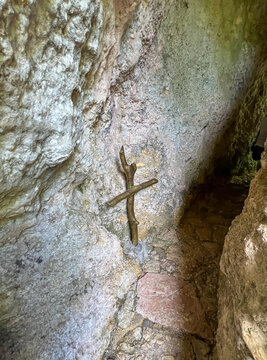 Fonte Colombo, Italy, April 27, 2026: The Fonte Colombo sanctuary near Rieti, Italy. Sites associated with specific events in the life of Saint Francis are marked with small, simple crosses