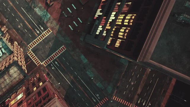 A city at night, viewed from a high angle. Buildings are illuminated, and streets are visible with light markings. The setting shows a busy urban environment.