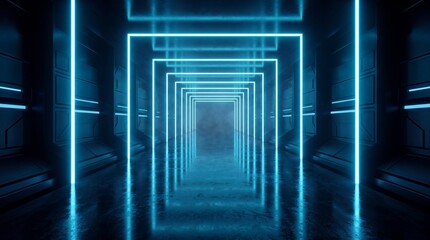 Fototapeta premium Cyan neon light square frames create infinity tunnel effect in dark futuristic high tech corridor.