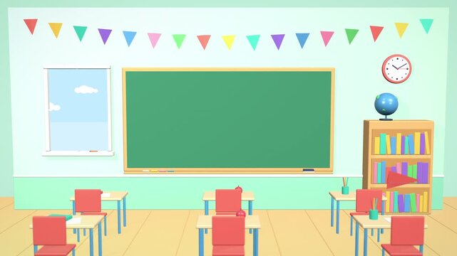 Classroom with Empty Chalkboard and Paper Planes Loop